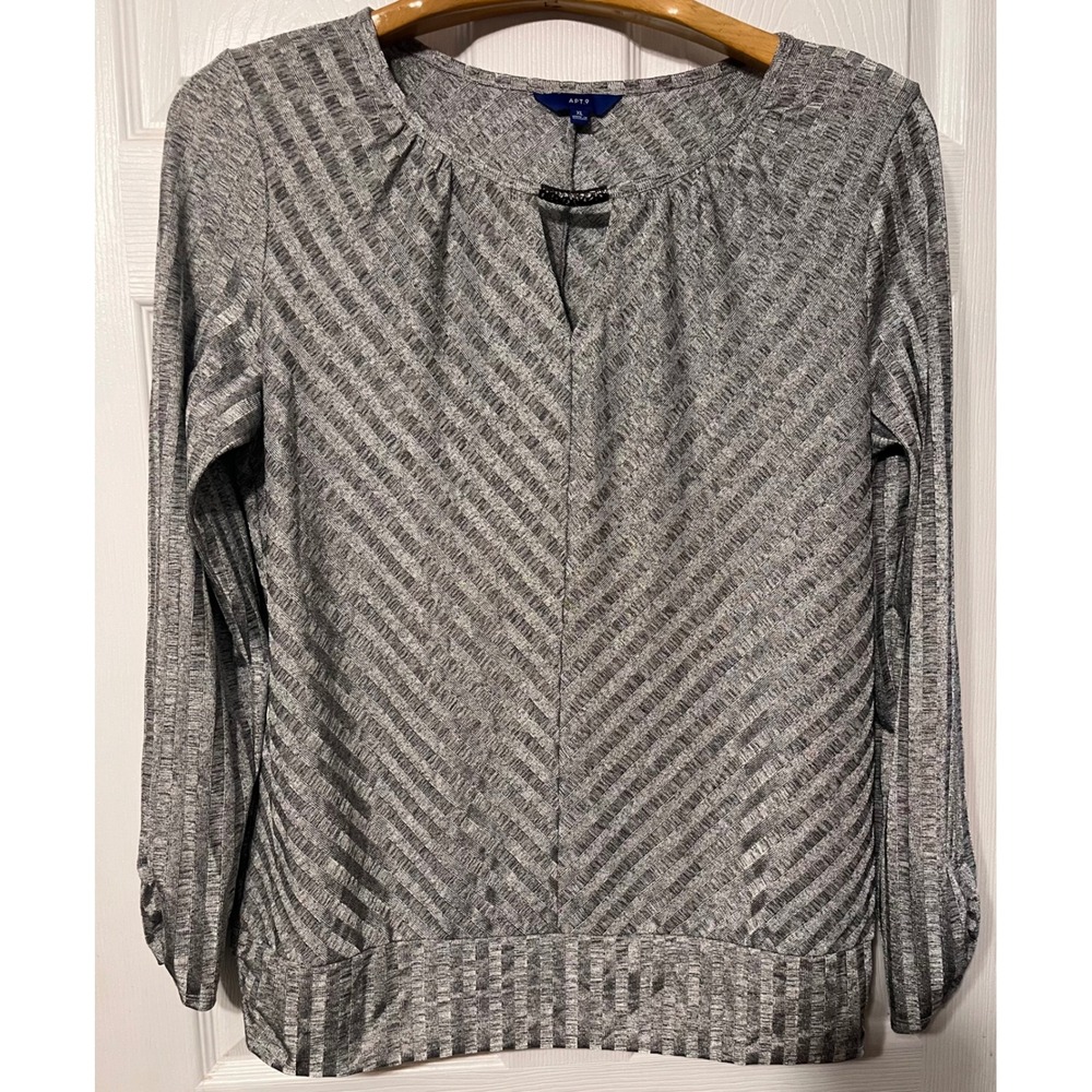 Apt 9 Womens XL Silver Grey Textured Ribbed Keyhole Blouse Long Sleeve Top